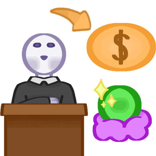 An emote of someone with pale blue skin in a suit on the left at a brown stand. On the right is a green, shiny ball on a purple cushion. Above is a yellow bubble with a brown dollar sign with a arrow pointing at it
